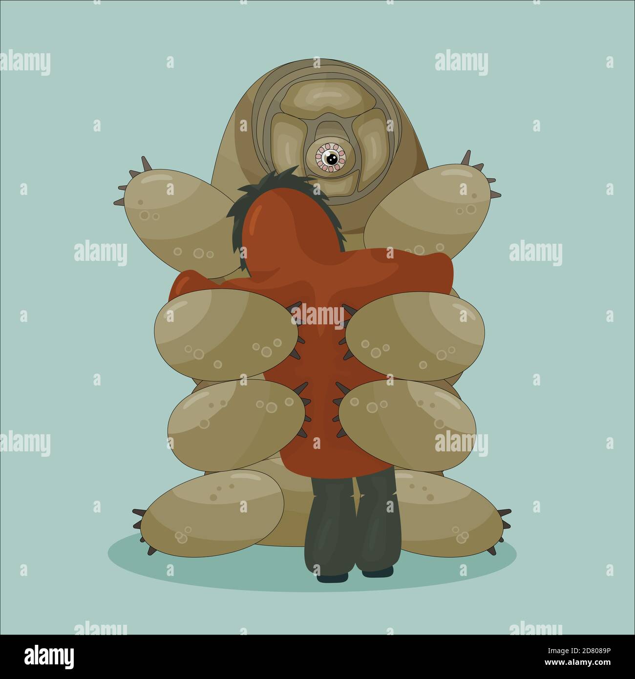Cartoon vector Human in winter or autumn coat gives a huge hug to tardigrade on blue background. Water piglet and woman or man is not alone anymore, o Stock Vector