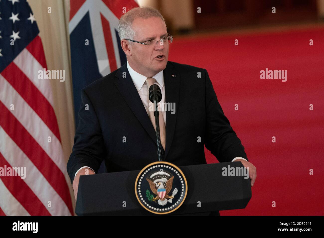 Australian Prime Minister Scott Morrison speaks during a press conference at the White House on September 9th, 2019 in Washington, D.C. Credit: Alex Edelman/The Photo Access Stock Photo