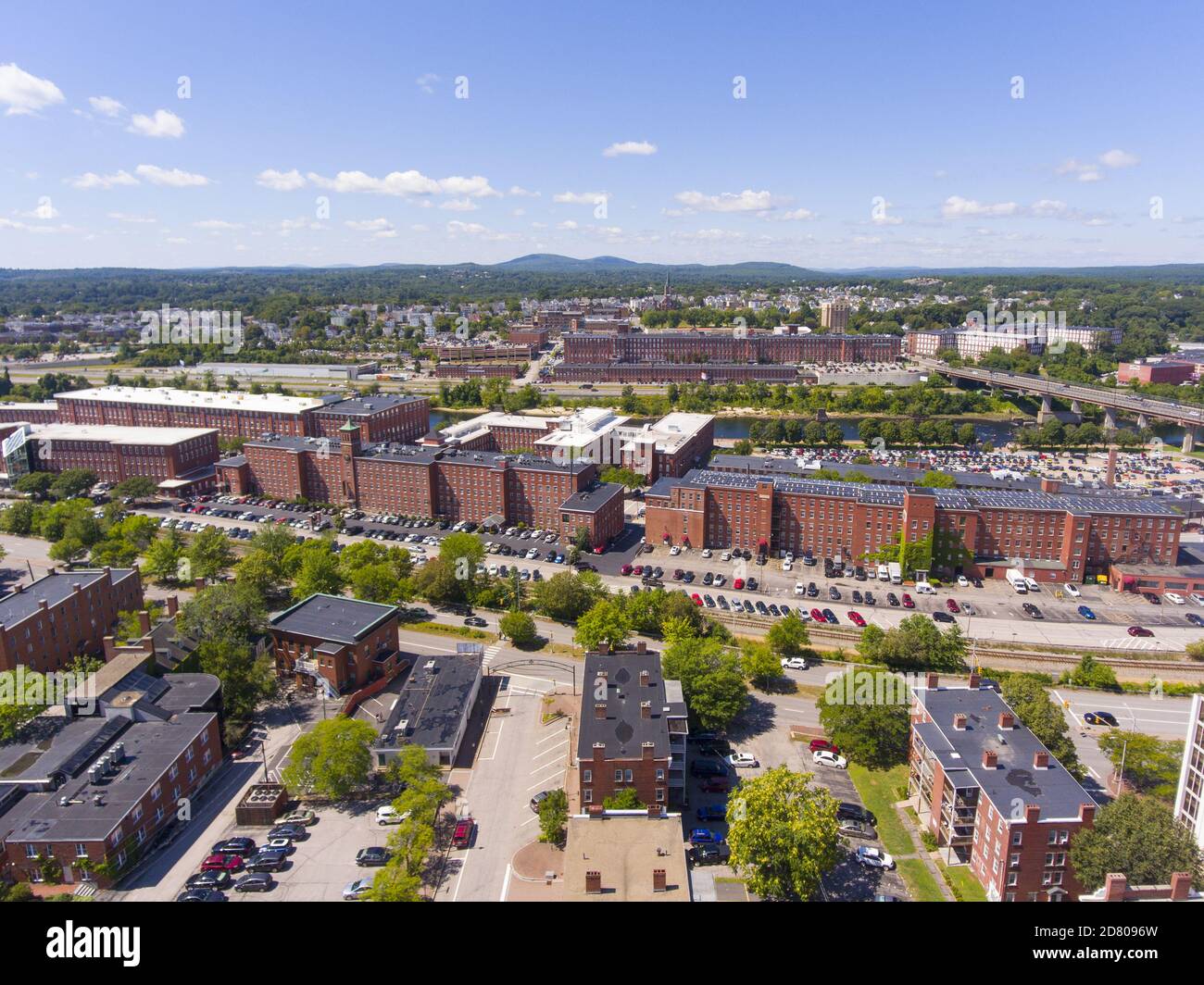 Manchester historic downtown and Elm Street with Merrimack River at the