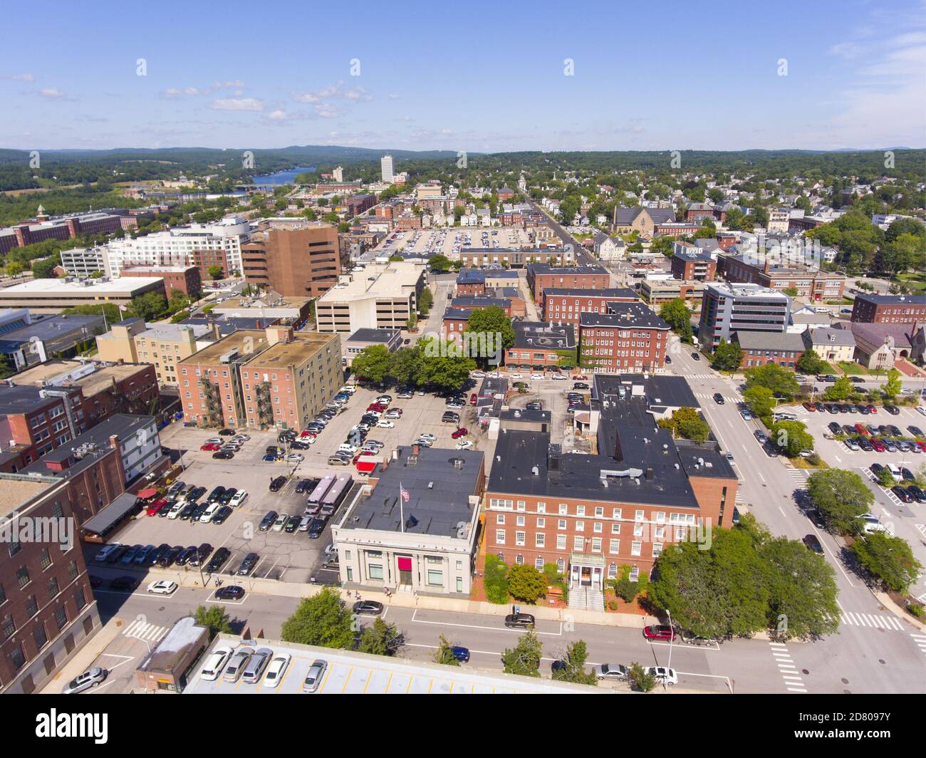 Manchester historic downtown and Elm Street with Merrimack River at the