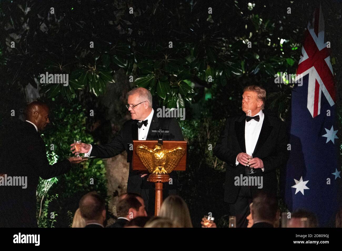 U.S. President Donald Trump and Australian Prime Minister Scott Morrison toast during a state visit at the White House on September 9th, 2019 in Washington, D.C. Credit: Alex Edelman/The Photo Access Stock Photo