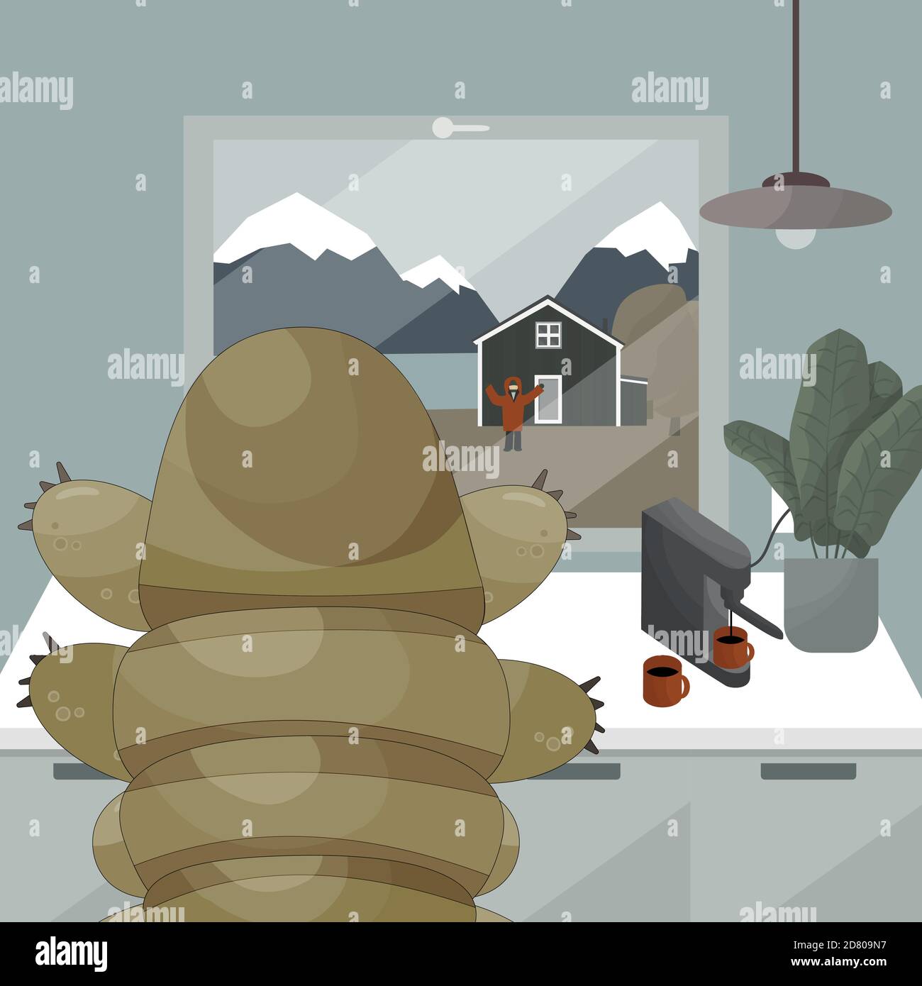 Tardigrade with coffee machine is waving hands to human who is out of the home, get out of comfort zone near the river, mountains, wooden scandinavian Stock Vector