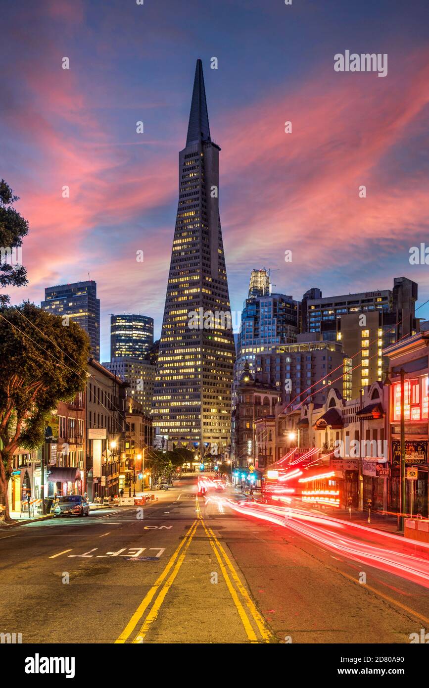 Twilight view over Columbus Avenue and Transamerica building , San Francisco, California, USA Stock Photo