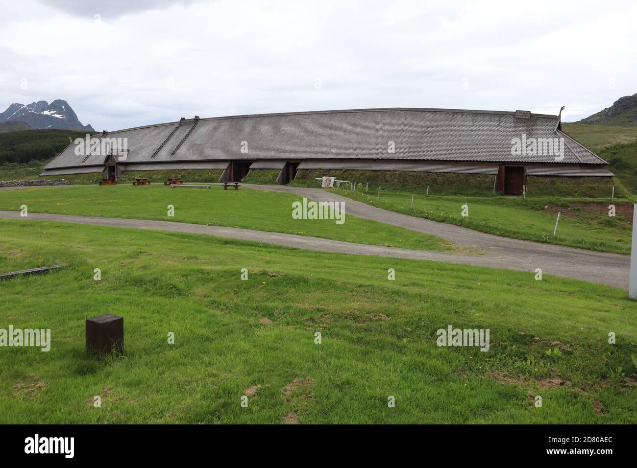Bostad / Norway - June 21 2019: At Borg in Lofoten, the largest longhouse in the world of the Vikings has been found - and reconstructed Stock Photo