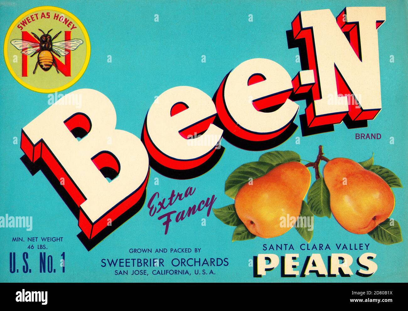 A vintage crate label for Bee-N extra fancy pears grown in San Jose, California. From the 1940s or 1950s. Stock Photo