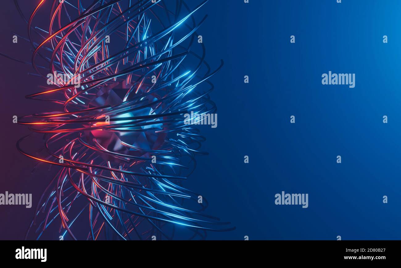 Exploding metal sphere and tubes in blue and red color on gradient