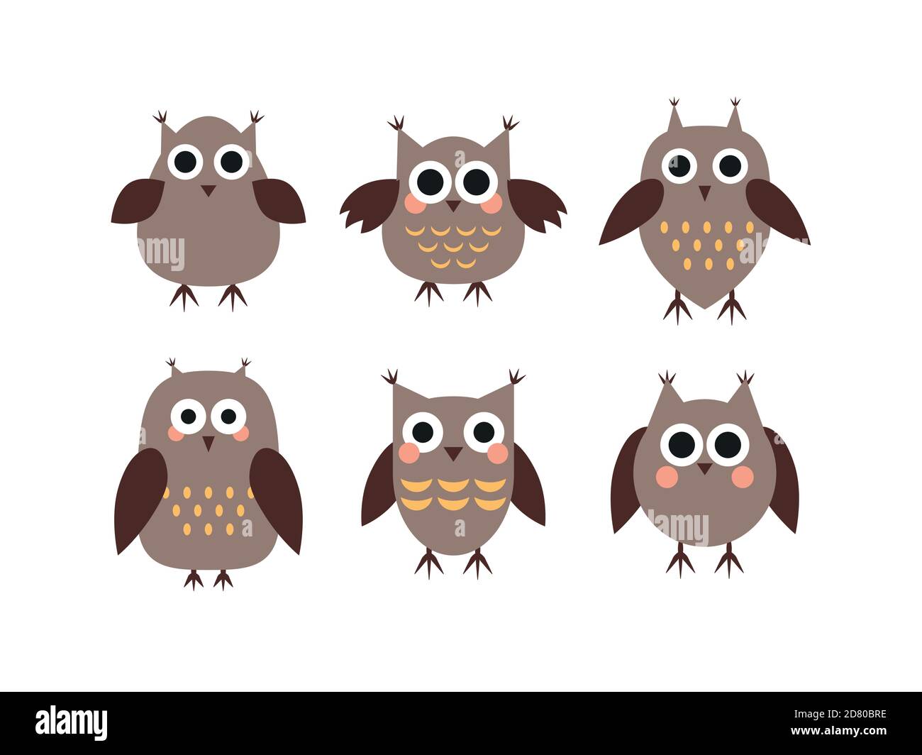 Set of vector illustration of brown cartoon happy owls on white background. Funny and cute birds set in flat style. Stock Vector