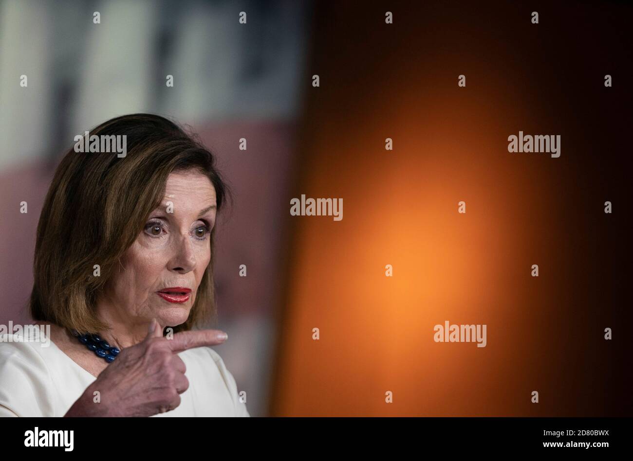U.S. House Speaker Nancy Pelosi, a Democrat from California, speaks to members of the media during her weekly news conference in Washington, D.C., U.S., on Thursday, Sept. 26, 2019. Pelosi reiterated the reasons why House Democrats have begun the impeachment process against President Donald Trump. Credit: Alex Edelman/The Photo Access Stock Photo