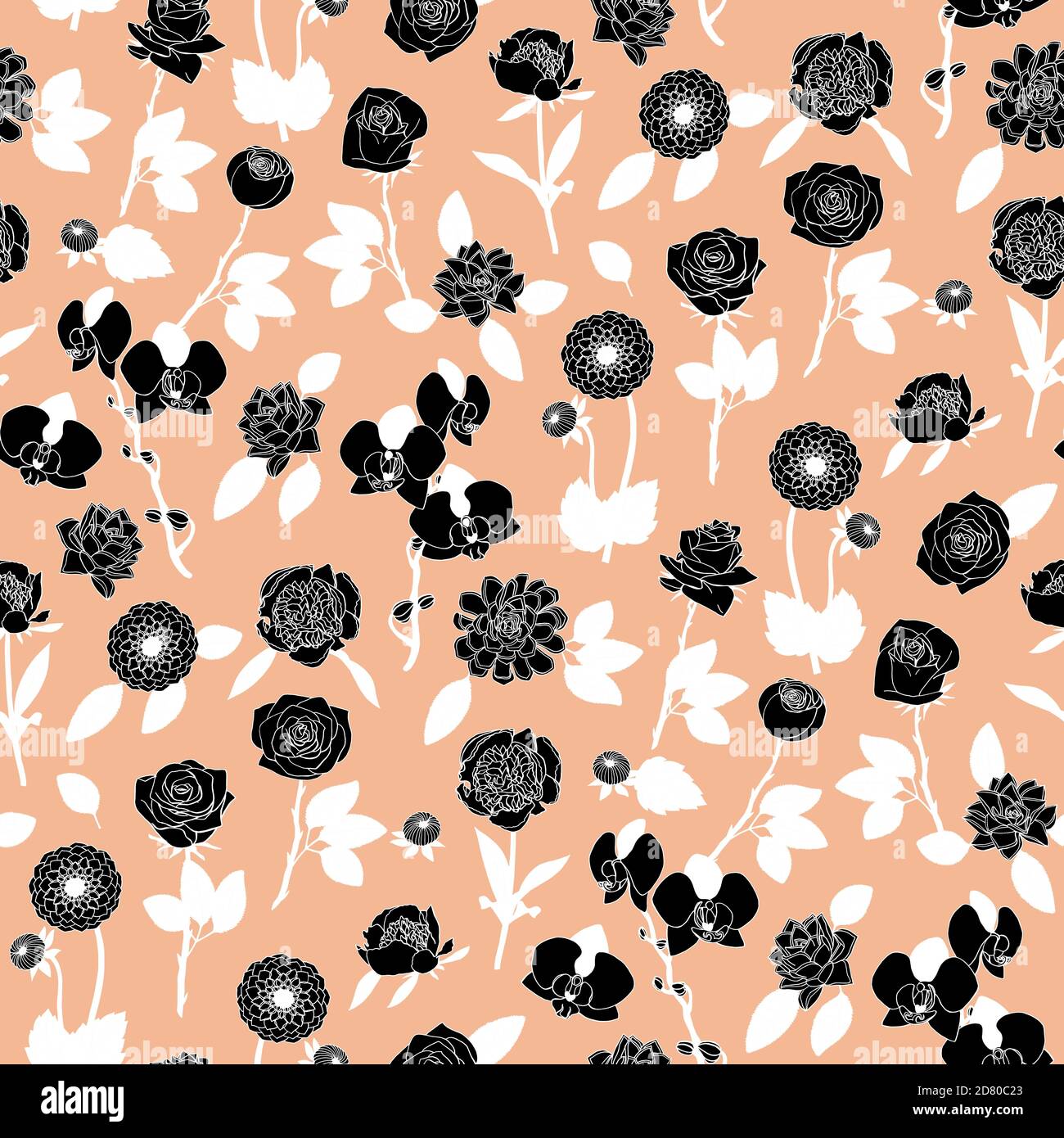 Black and white floral seamless pattern with hand drawn flowers on pink ...