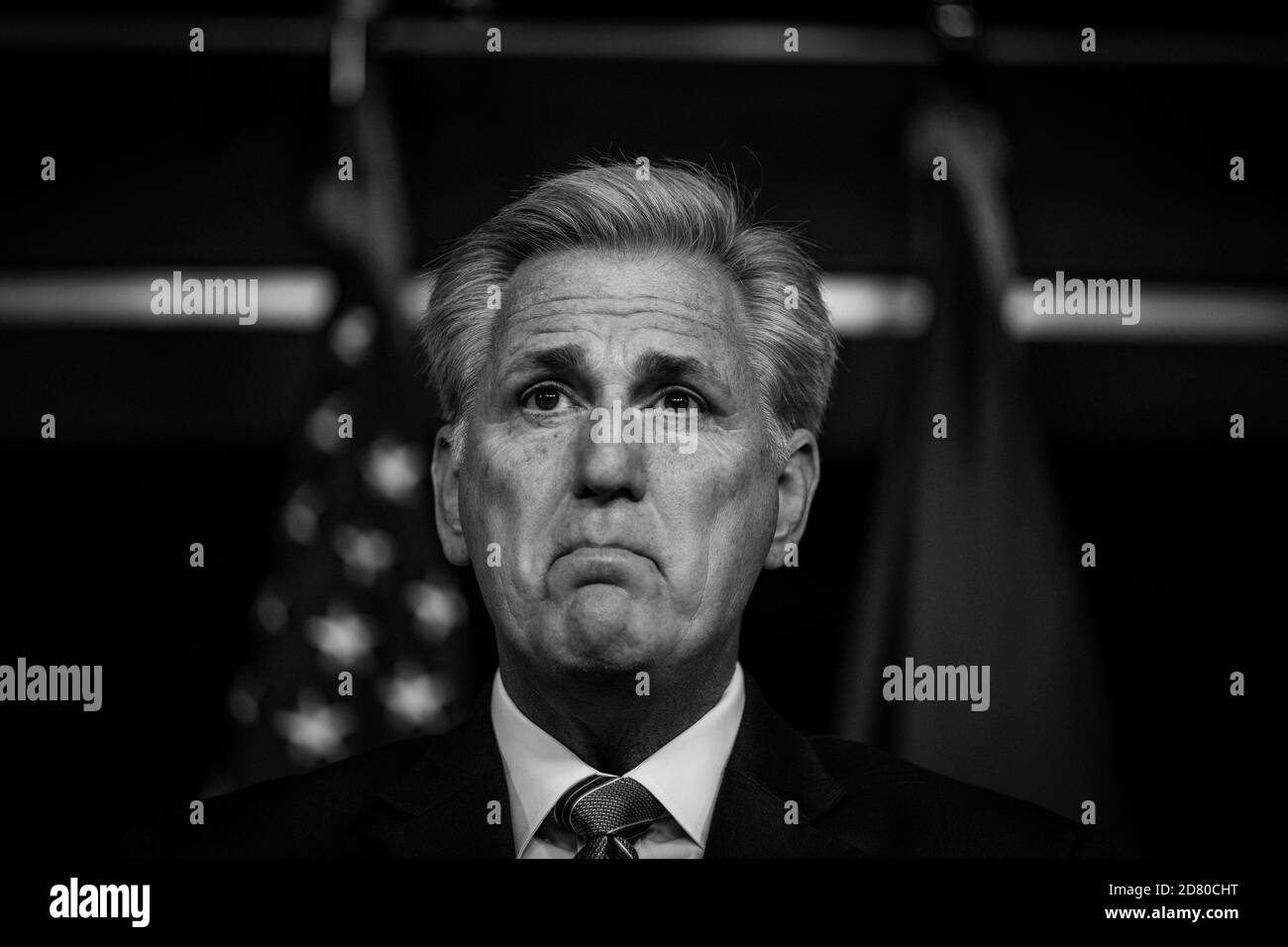 U.S. House Minority Leader Kevin McCarthy, a Republican from California, speaks to members of the media during his weekly news conference in Washington, D.C., U.S., on Thursday, Sept. 26, 2019. McCarthy said that the House Democrats have made the country less safe after starting the impeachment process against President Donald Trump. Credit: Alex Edelman/The Photo Access Stock Photo
