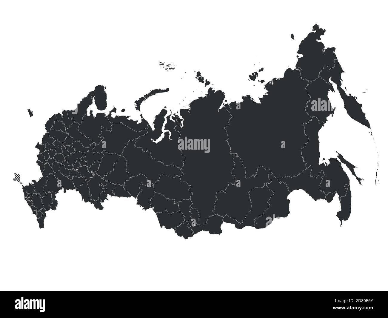 Blank political map of Russia, or Russian Federation. Federal subjects - republics, krays, oblasts, cities of federal significance, autonomous oblasts and autonomous okrugs. Simple black vector map. Stock Vector