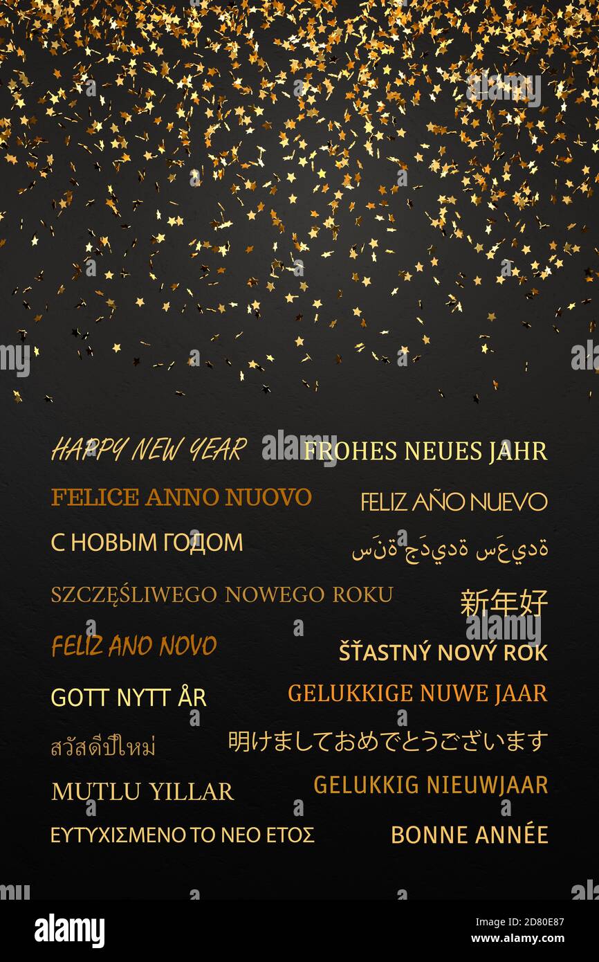 Golden stars falling in front of a dark gray background. Good luck concept. 'Happy New Year' in 18 different languages at the bottom Stock Photo