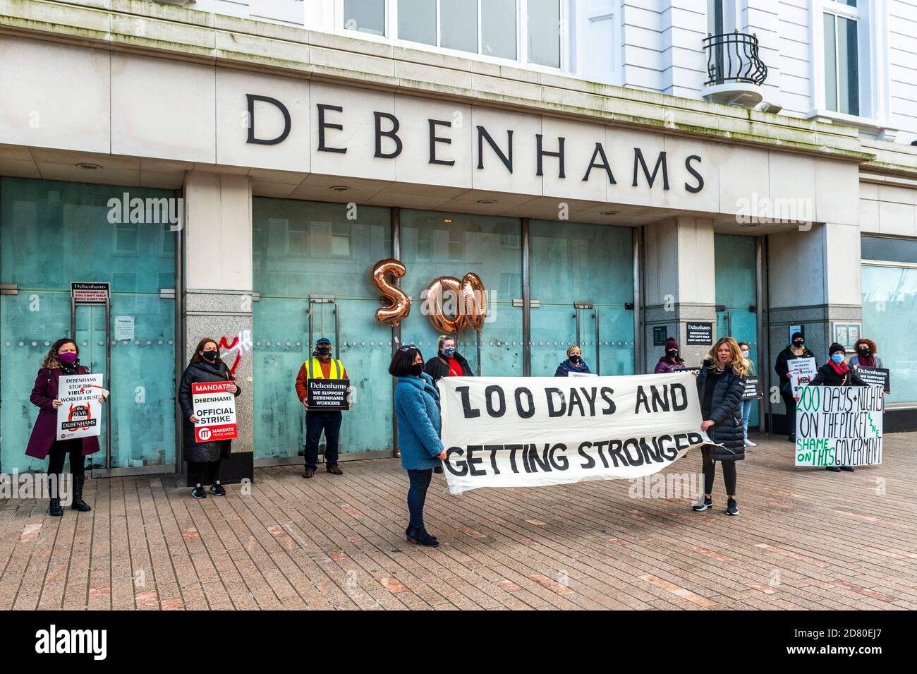 Cork, Ireland. 26th Oct, 2020. Ex-Debenhams workers held a small rally outisde the Patrick Street, Cork store this afternoon to mark their 200th day on the picket line. The liquidators, KPMG, are refusing to engage with the picketers who claim they're owed a bigger redundancy package than is being offered. The ex-workers say they're resolute and are there for the long haul. Credit: AG News/Alamy Live News Stock Photo