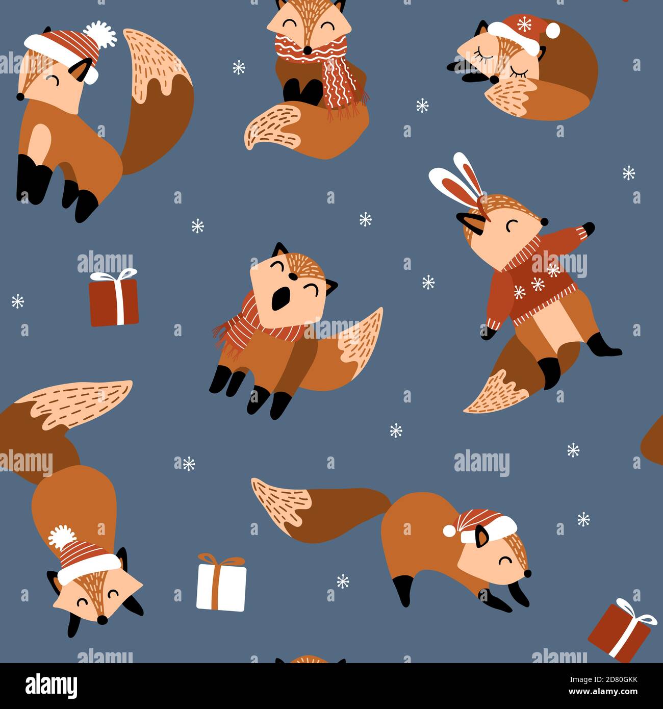 Seamless pattern with cute hand drawn foxes with winter accessories ...