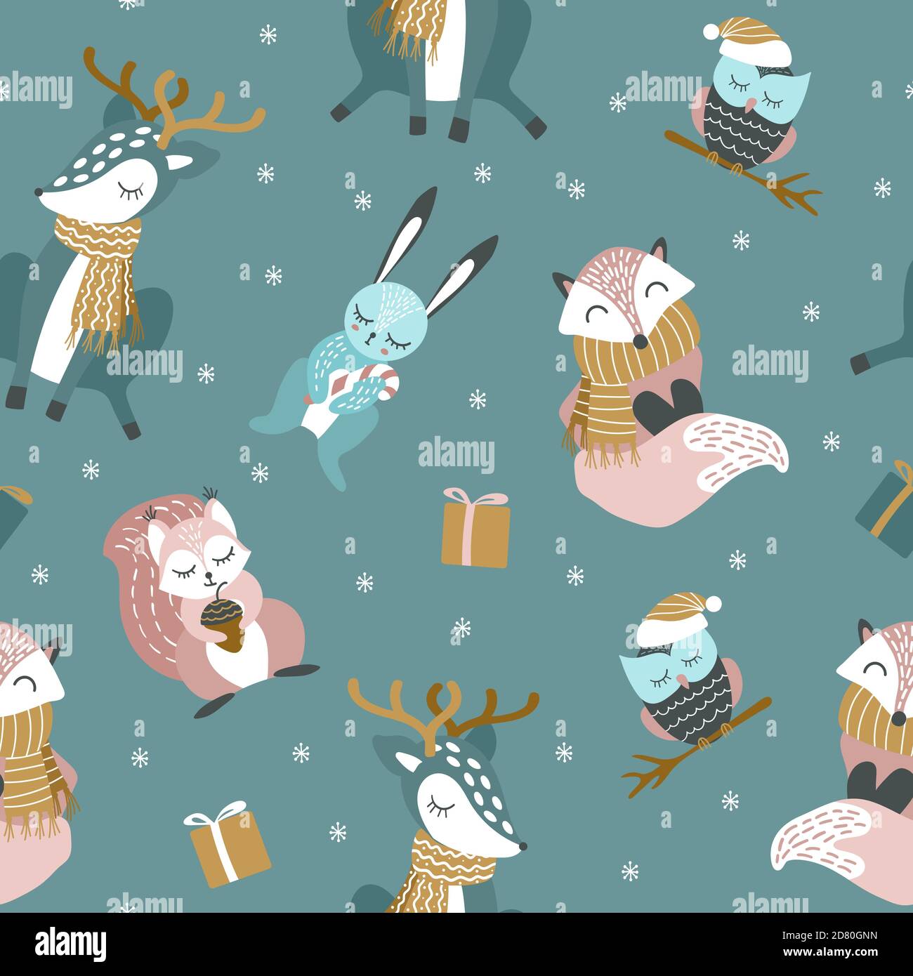 Seamless pattern with cute cartoon woodland animals in winter season ...