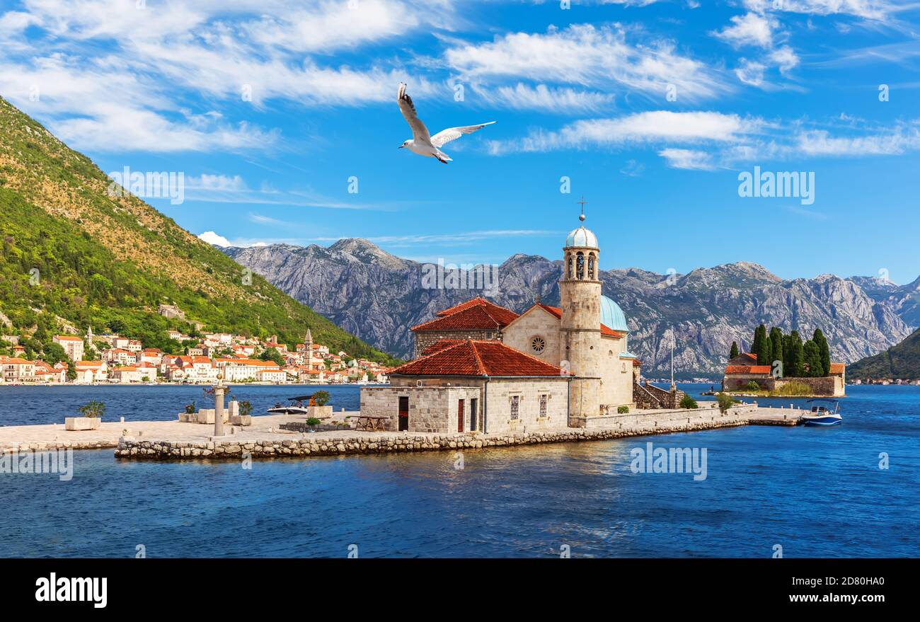 Church of Our Lady of the Rocks and Island of Saint George, Bay of Kotor near Perast, Montenegro Stock Photo