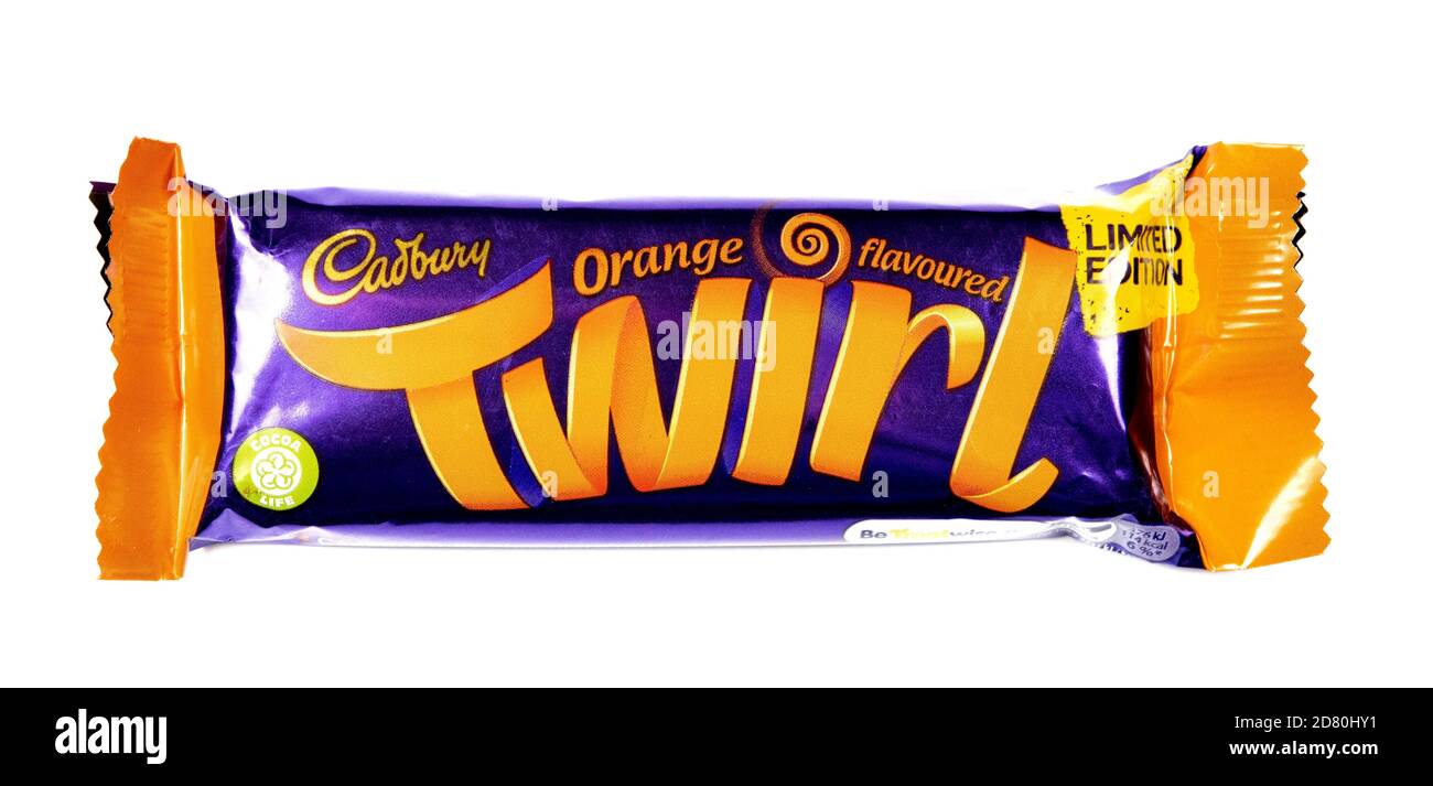 Limited edition Cadbury twirl orange flavoured chocolate bar on a white background Stock Photo