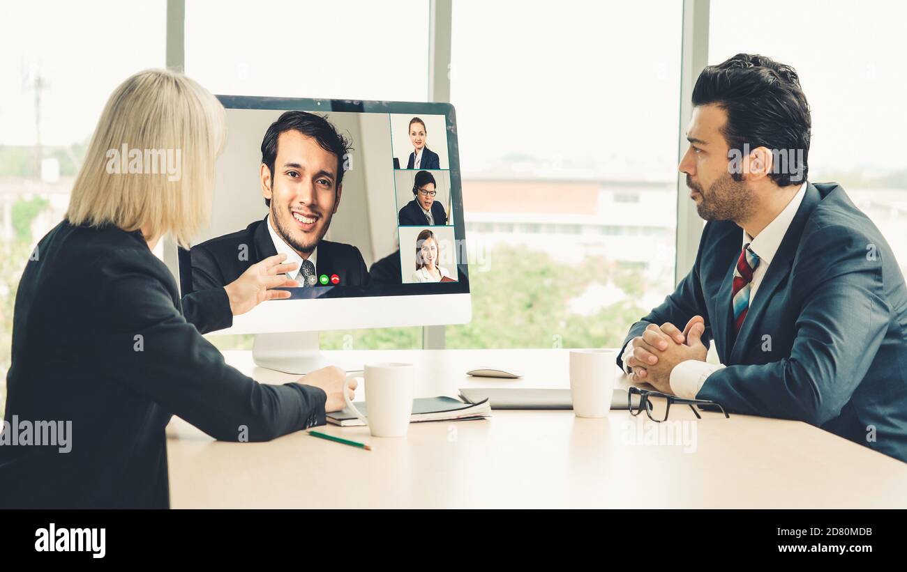 Video conferencing, work remotely, online meeting. Man and browser window  with video calling. 3d render Stock Photo - Alamy