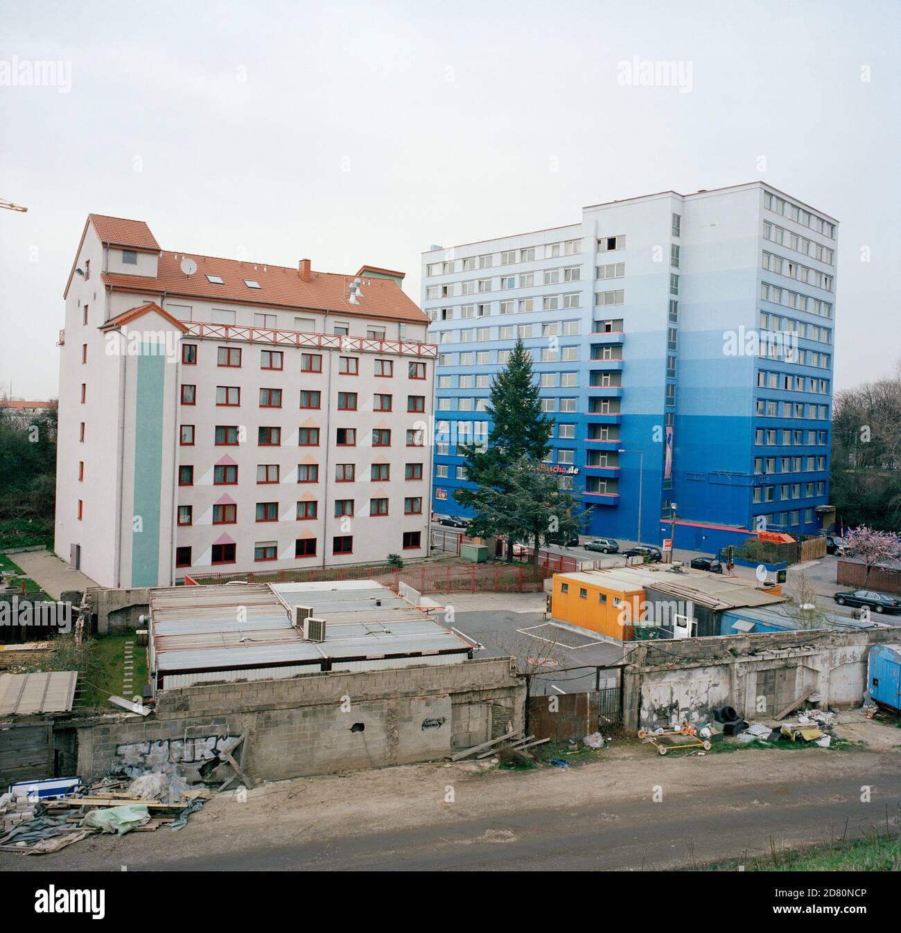 The 12 storey brothel Pascha is painted blue making it clearly visible on the Cologne skyline. Stock Photo