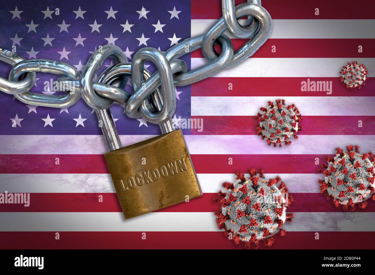 Concept of Coronavirus lockdown in the United States, USA, with Covid-19 particles overshadowing flag of USA. Stock Photo