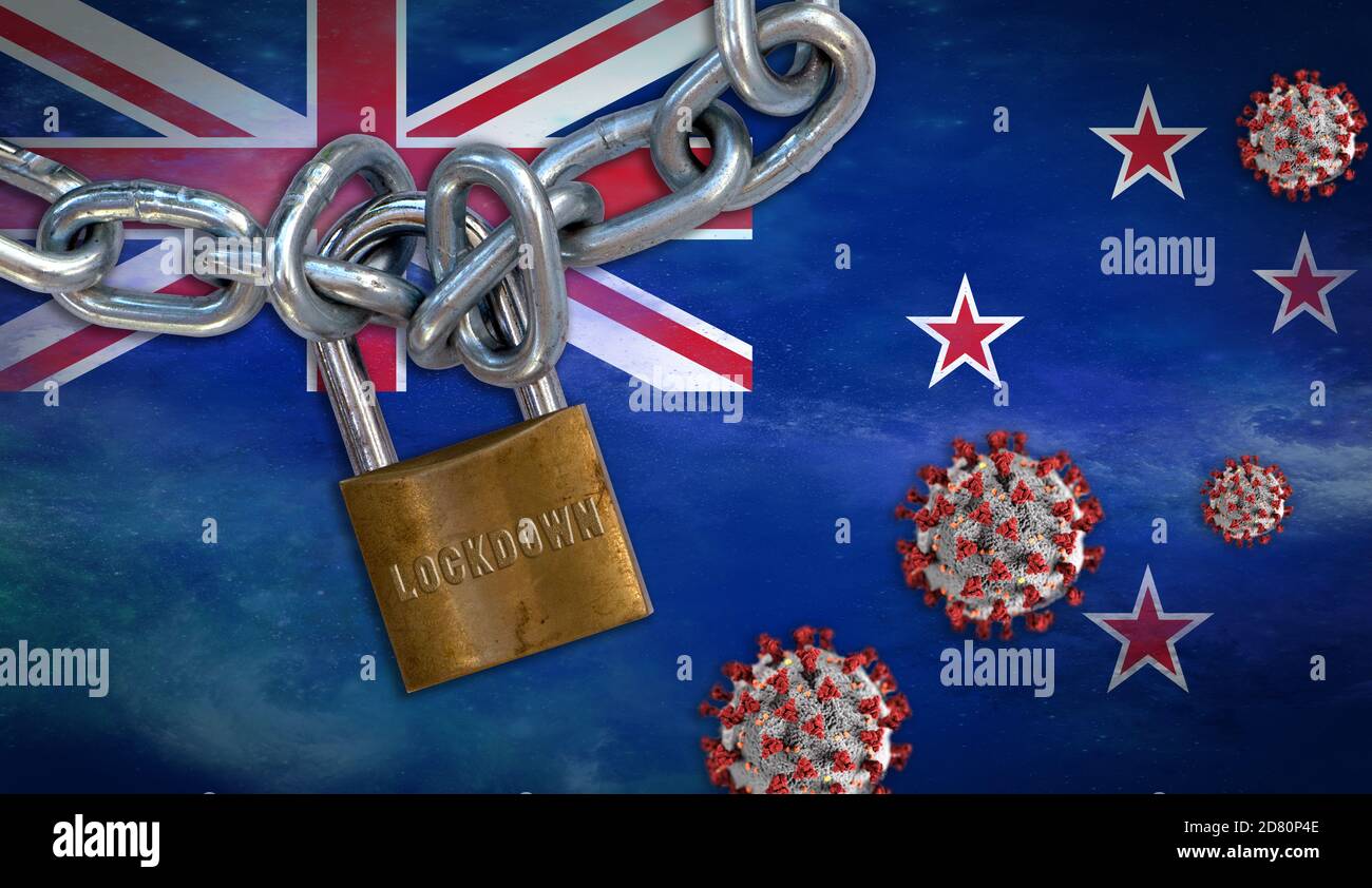 Concept of Coronavirus lockdown in New Zealand, with Covid-19 particles overshadowing flag of New Zealand. Stock Photo
