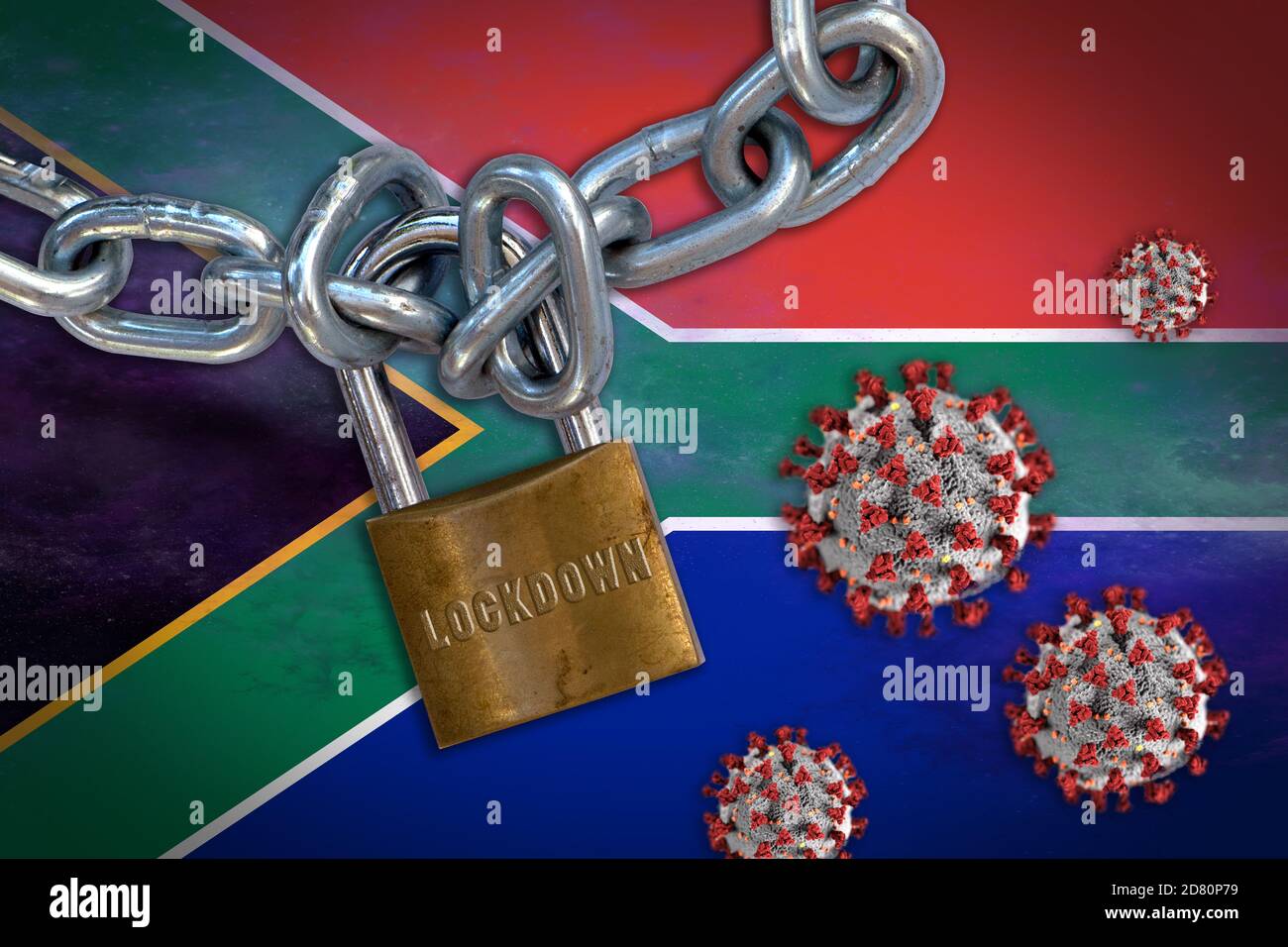 Concept of Coronavirus lockdown in South Africa, with Covid-19 particles overshadowing flag of South Africa. Stock Photo