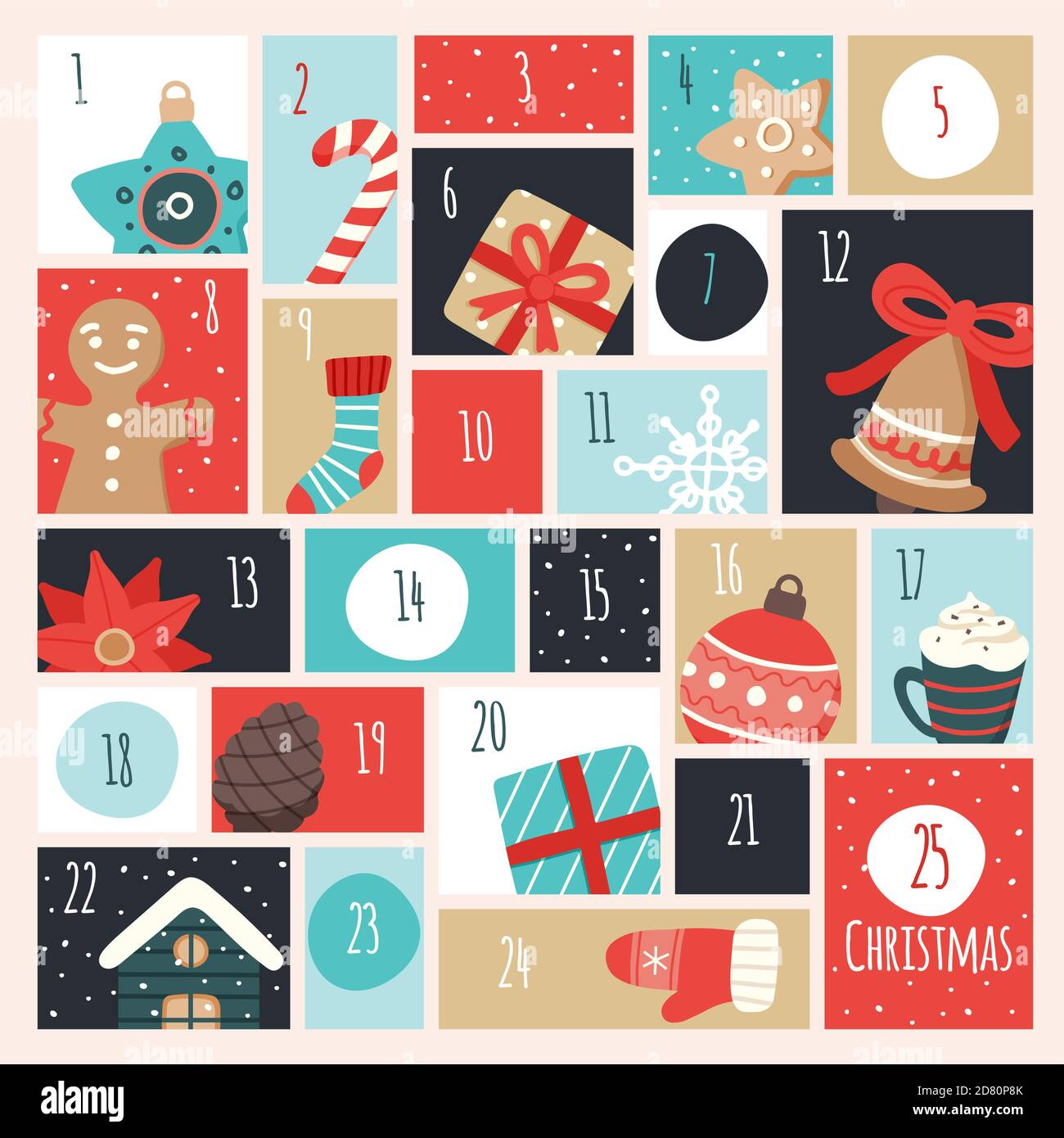 Advent calendar with christmas elements. Vector illustration in flat ...