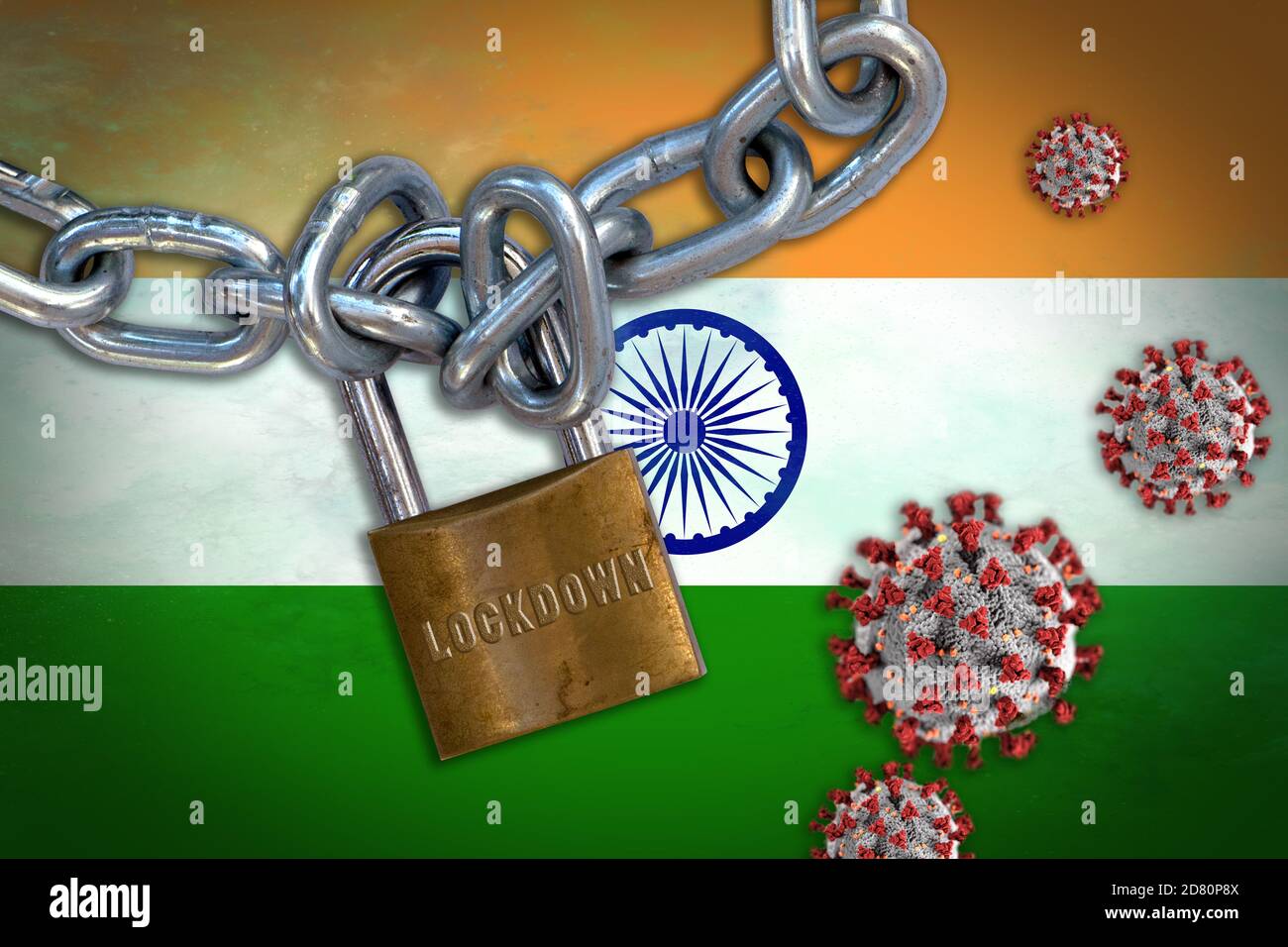 Concept of Coronavirus lockdown in India, with Covid-19 particles overshadowing flag of India. Stock Photo
