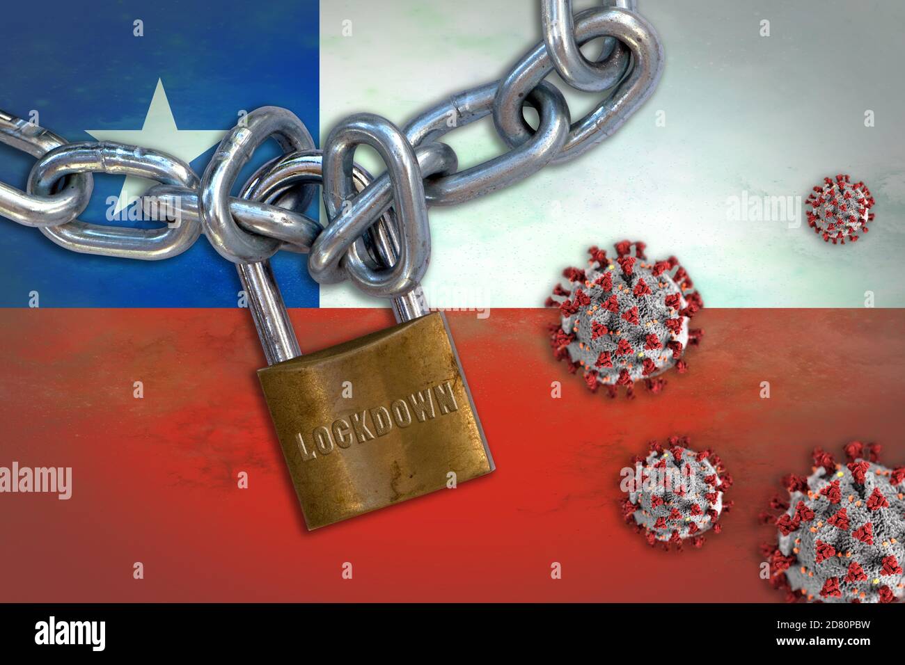 Concept of Coronavirus lockdown in Chile, with Covid-19 particles overshadowing flag of Chile. Stock Photo