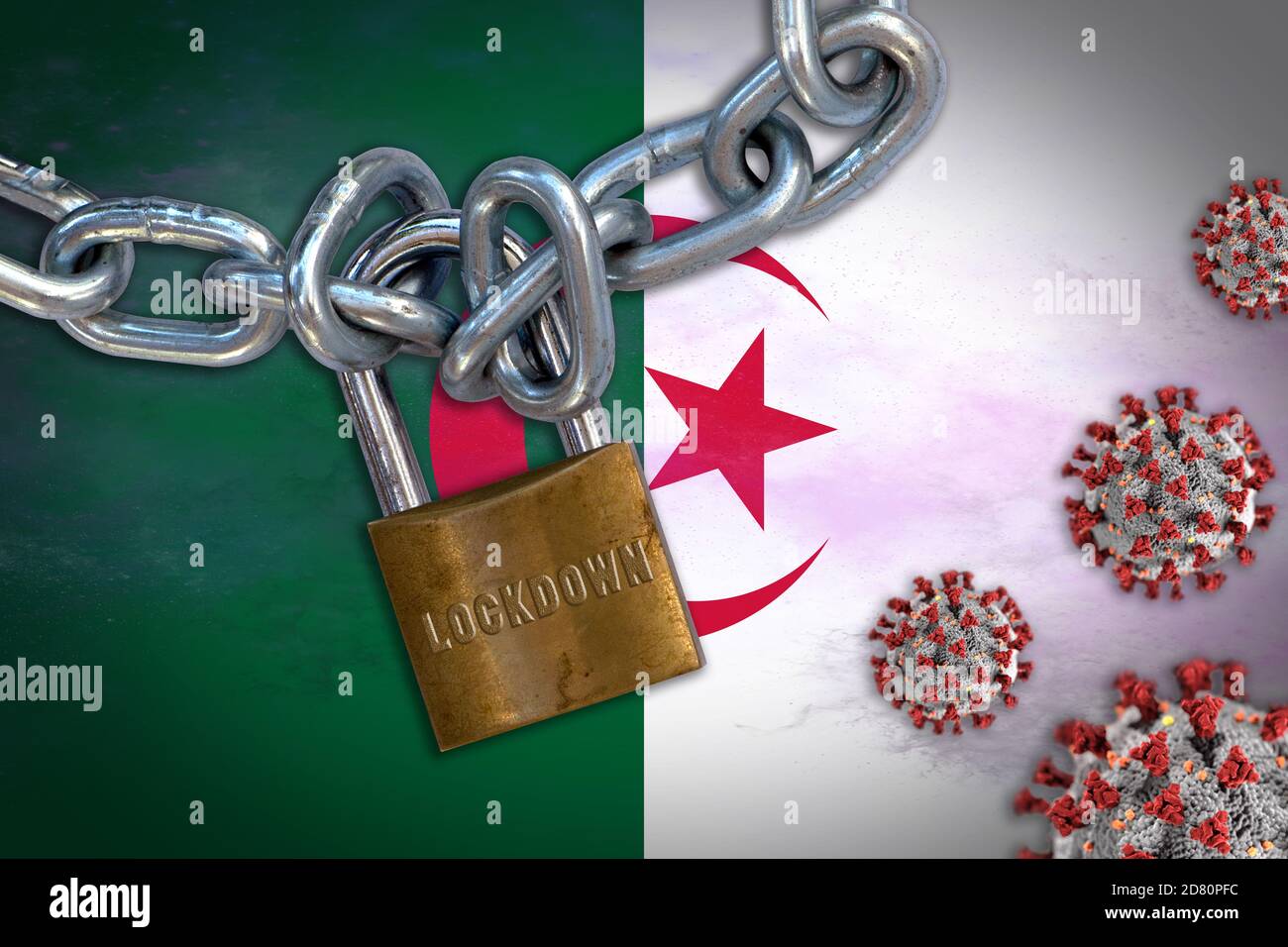 Concept of Coronavirus lockdown in Algeria, with Covid-19 particles overshadowing flag of Algeria. Stock Photo