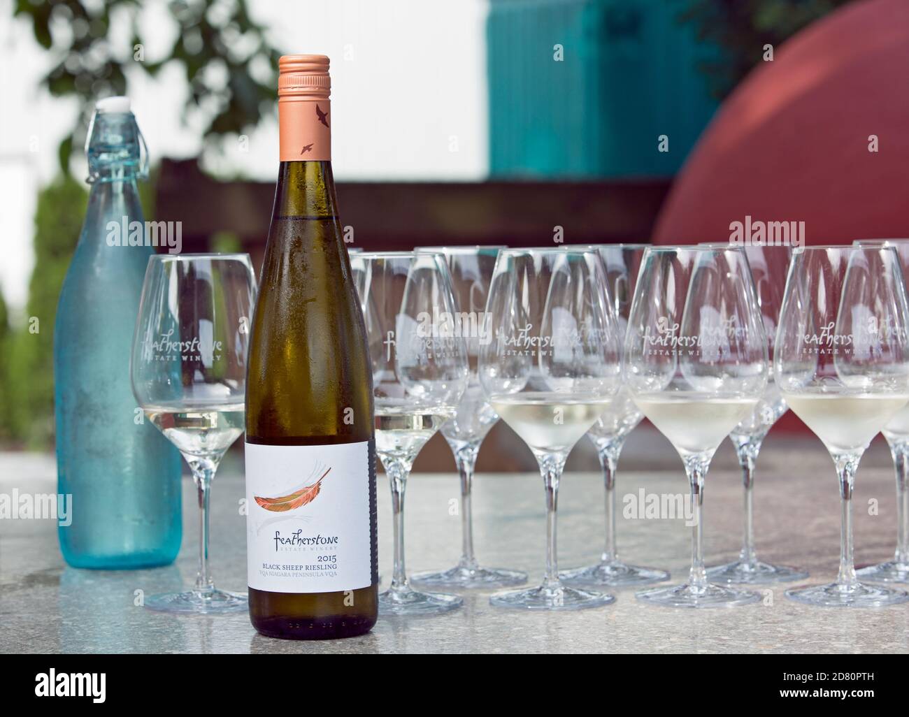 Canada,Ontario,Vineland Featherstone Estate Winery, Black Sheep Riesling, wine tasting set up Stock Photo