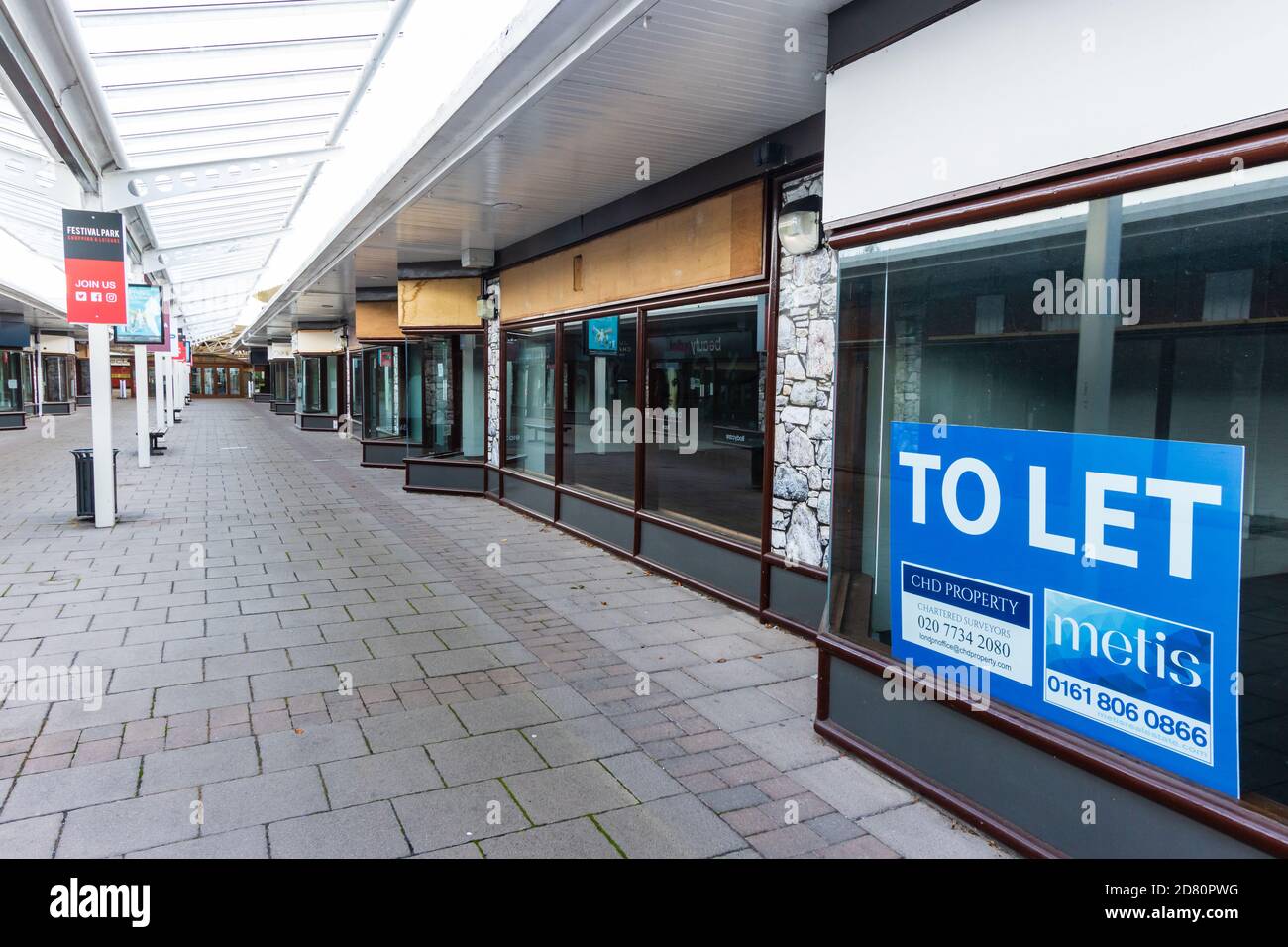 Rows of permanently closed shops at Festival Park in the Welsh town of Ebbw Vale. Stock Photo