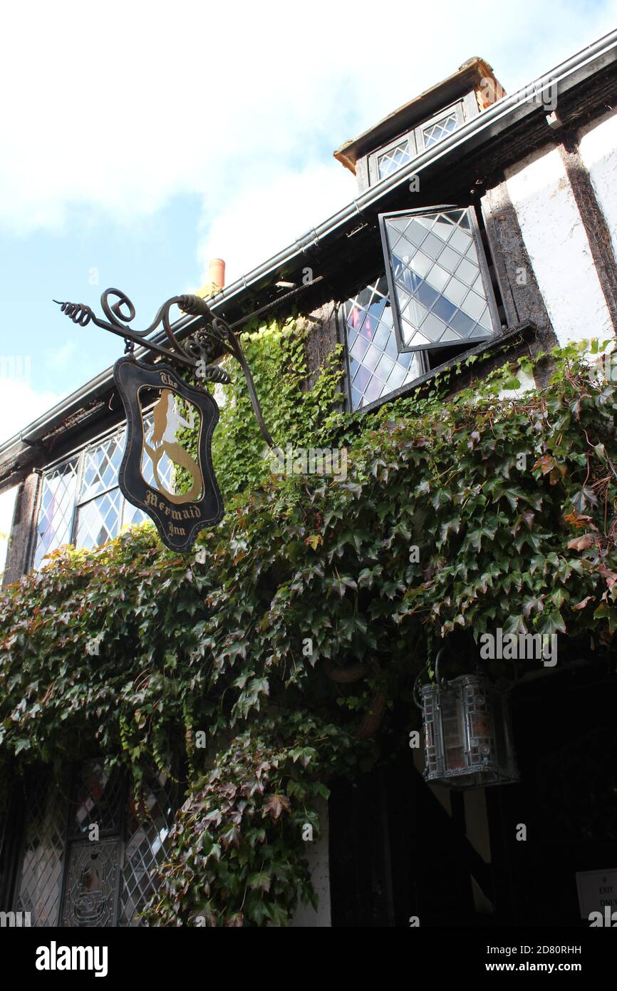 Mermaid Inn Rye Sign The medieval Mermaid Inn built in 1420 along Mermaid Street Rye, East ...
