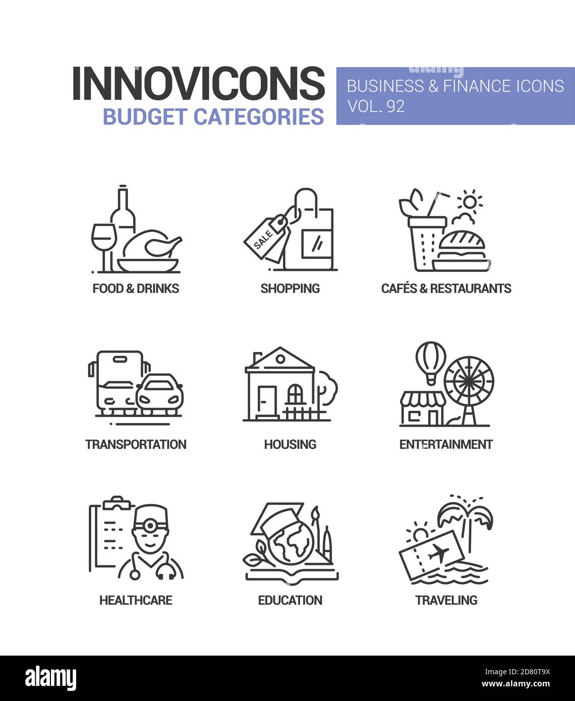 Budget categories - line design style icons set Stock Vector