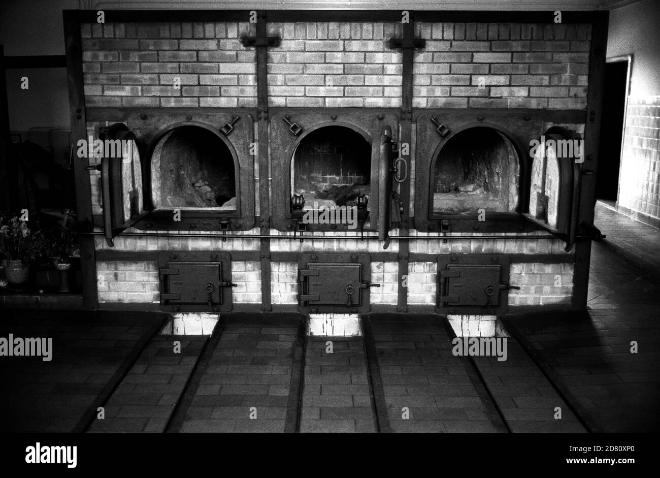 The ovens in the crematorium Buchenwald; literally beech forest) was a Nazi concentration camp established on Ettersberg hill near Weimar, Germany, in July 1937. On the main gate, the motto Jedem das Seine (English: 'To each his own'), was inscribed. The SS interpreted this to mean the 'master race' had a right to humiliate and destroy others It was one of the first and the largest of the concentration camps within Germany's 1937 borders. Many actual or suspected communists were among the first internees. Prisoners came from all over Europe and the Soviet Union—Jews, Poles and other Slavs, the Stock Photo