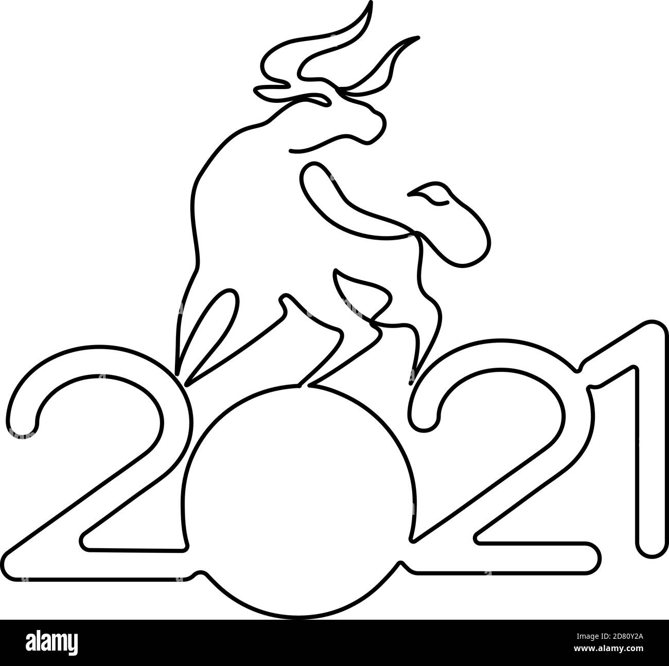 Bull Continuous one line drawing. Chinese New Year 2021 year of the bull. Black outline vector drawing. Stock Vector