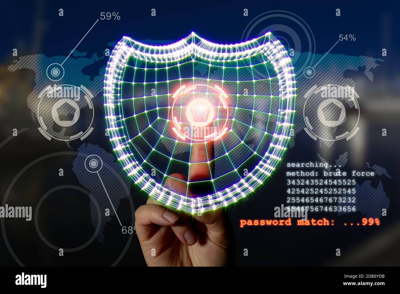Computer security concept. Hand and shield symbolizing data protection in the network and personal computers. Mixed media. Stock Photo