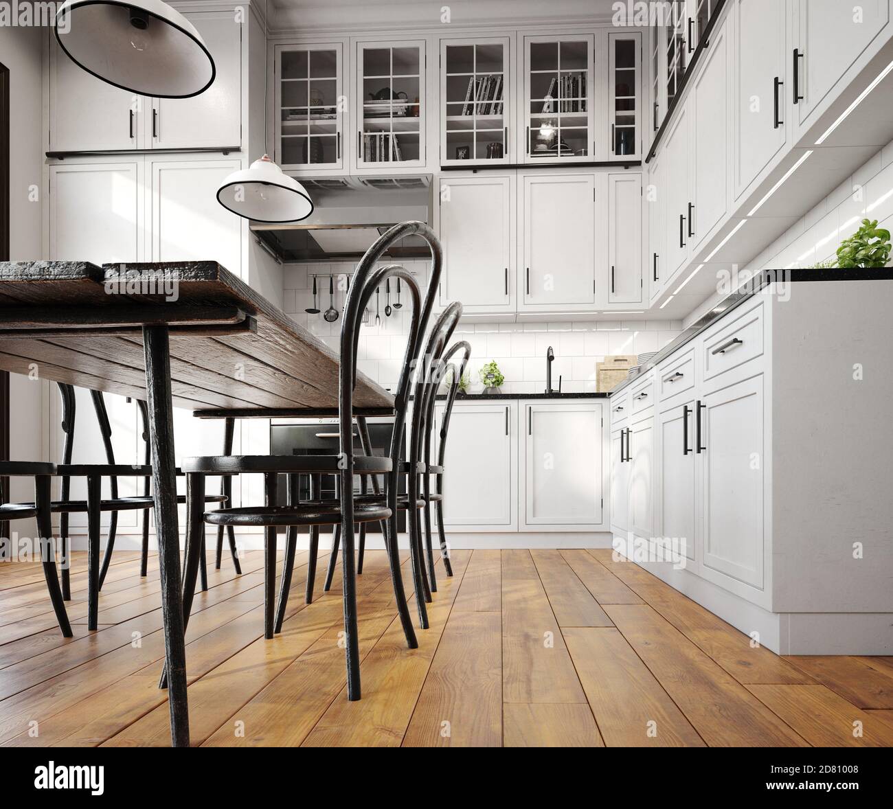 modern kitchen interior low view camera position. 3d design concept