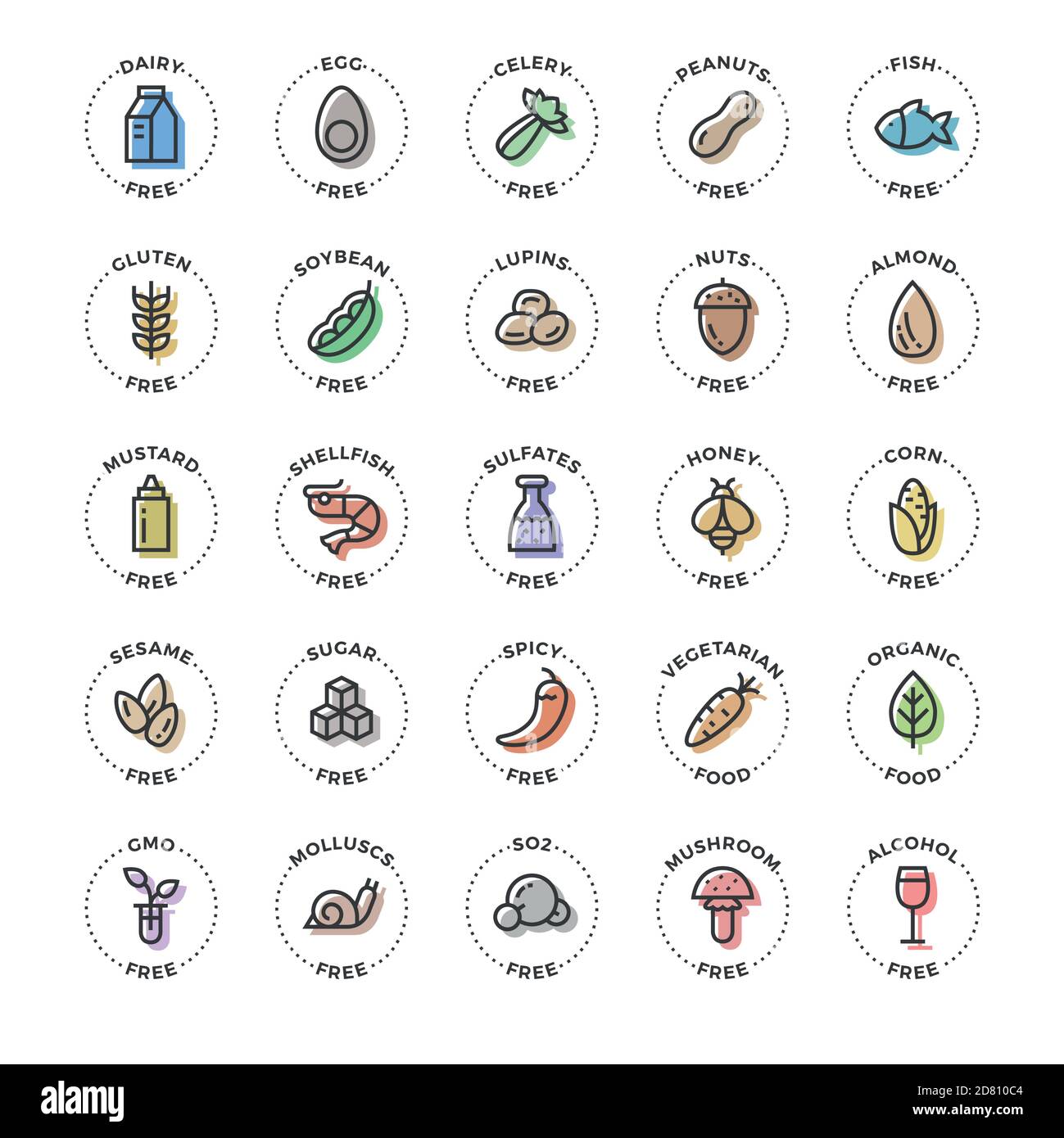25 basic colorful allergens and diet line icons set. Isolated on white background. Stock Vector