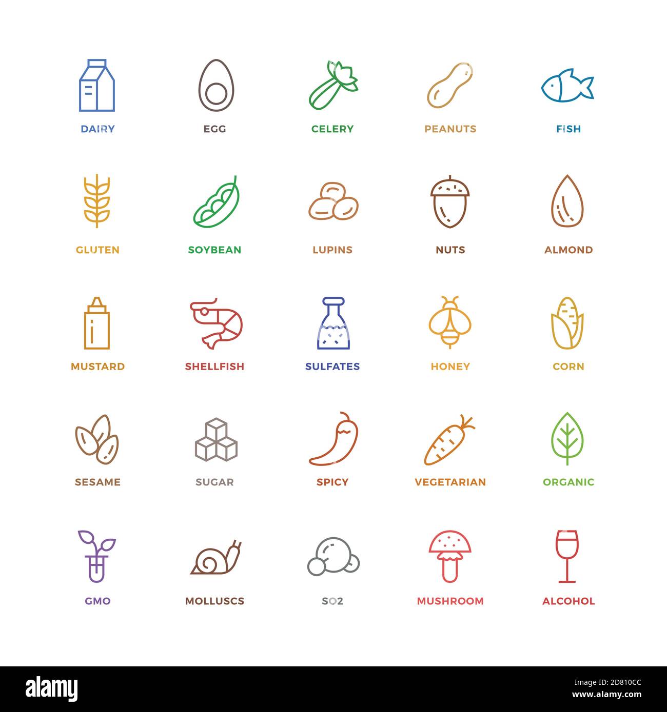 25 basic colorful allergens and diet line icons set. Isolated on white background. Stock Vector
