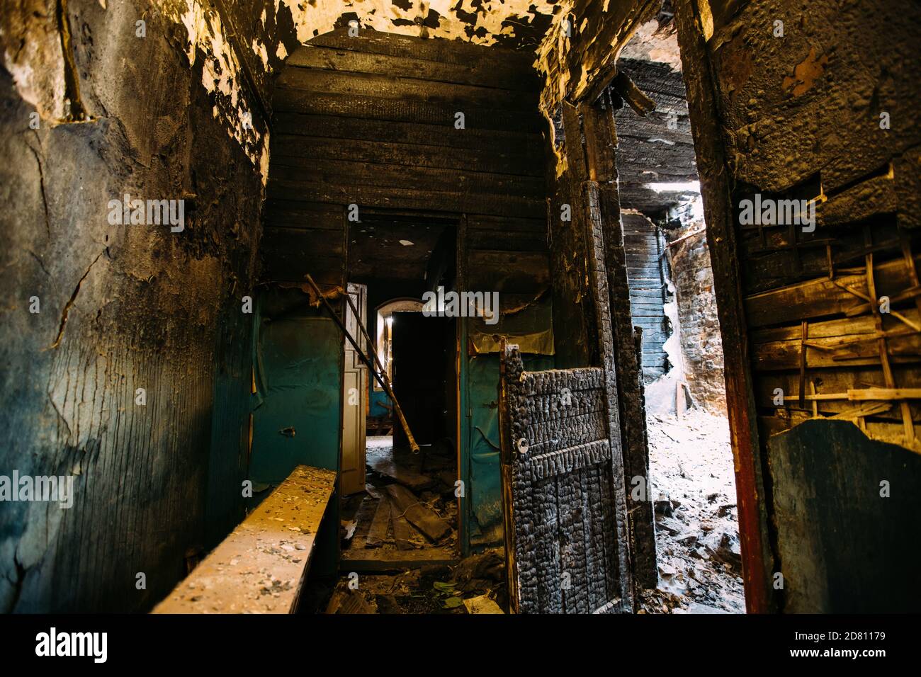 Burnt old house interior. Consequences of fire Stock Photo