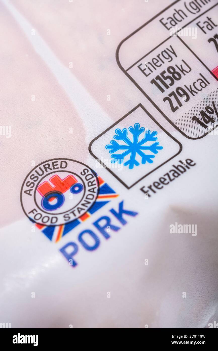 Plastic film wrapped Asda pork sausages with Food Assured Standard red