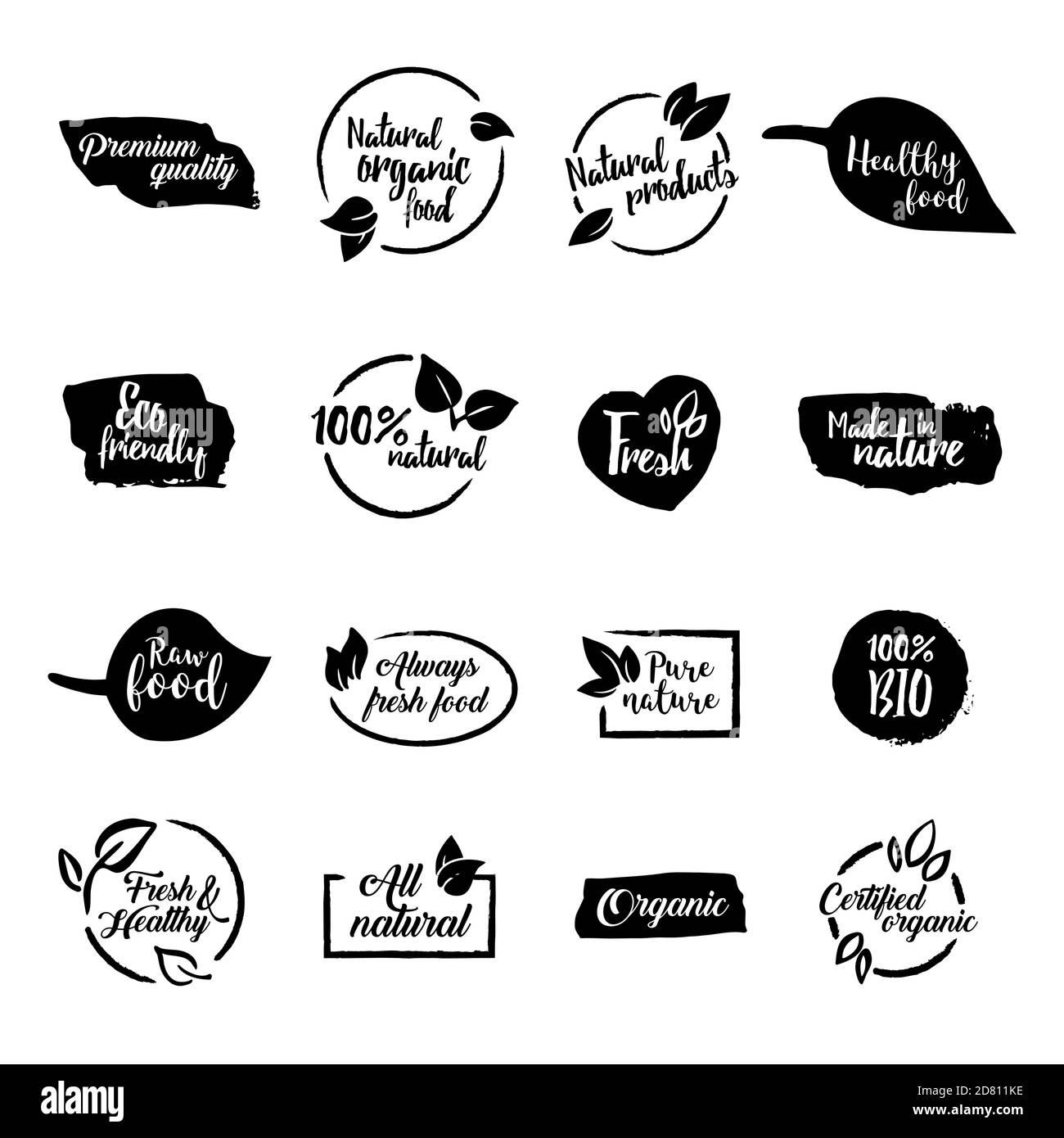 Set of black and white bio, ecology, organic logos and icons, labels, tags and elements. Stock Vector