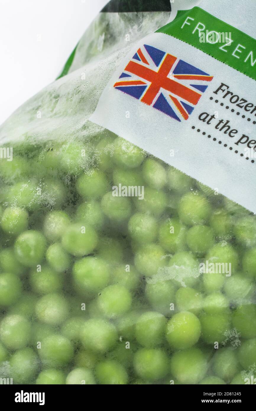 Tesco own label frozen peas in original packaging with Union Jack to