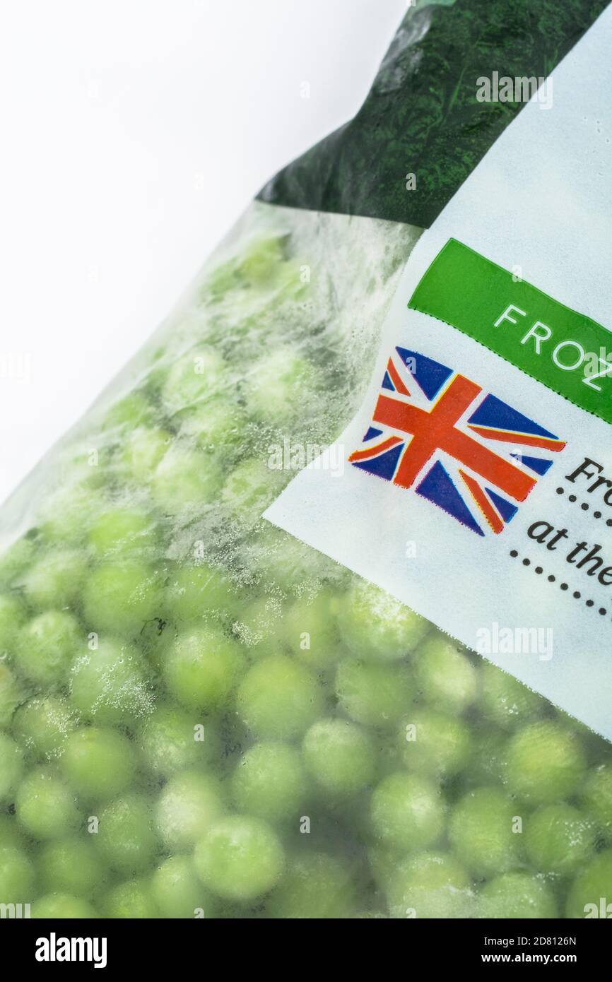 Tesco own label frozen peas in original packaging with Union Jack to