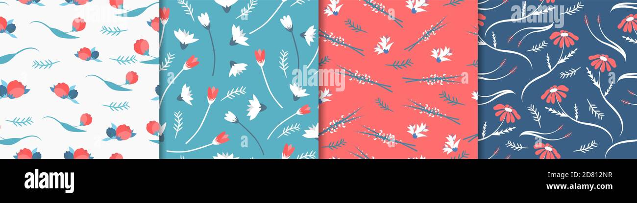 Wildflowers seamless pattern. Red white tulips with green flying leaves red daisies with elongated white stems. Stock Vector