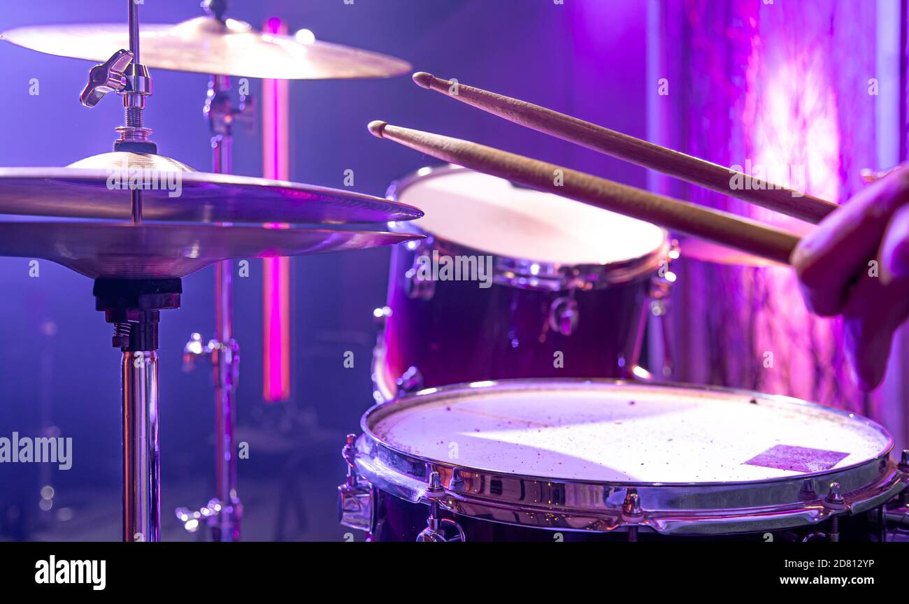 Drum kit, drums in the Studio on a beautiful background. Close up Stock