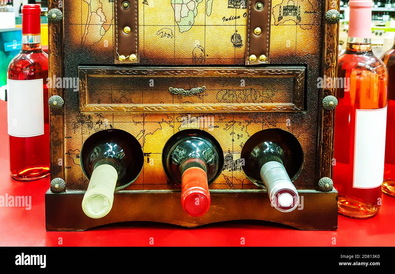 Decorative open the chest for storing wine bottles in the store' Stock