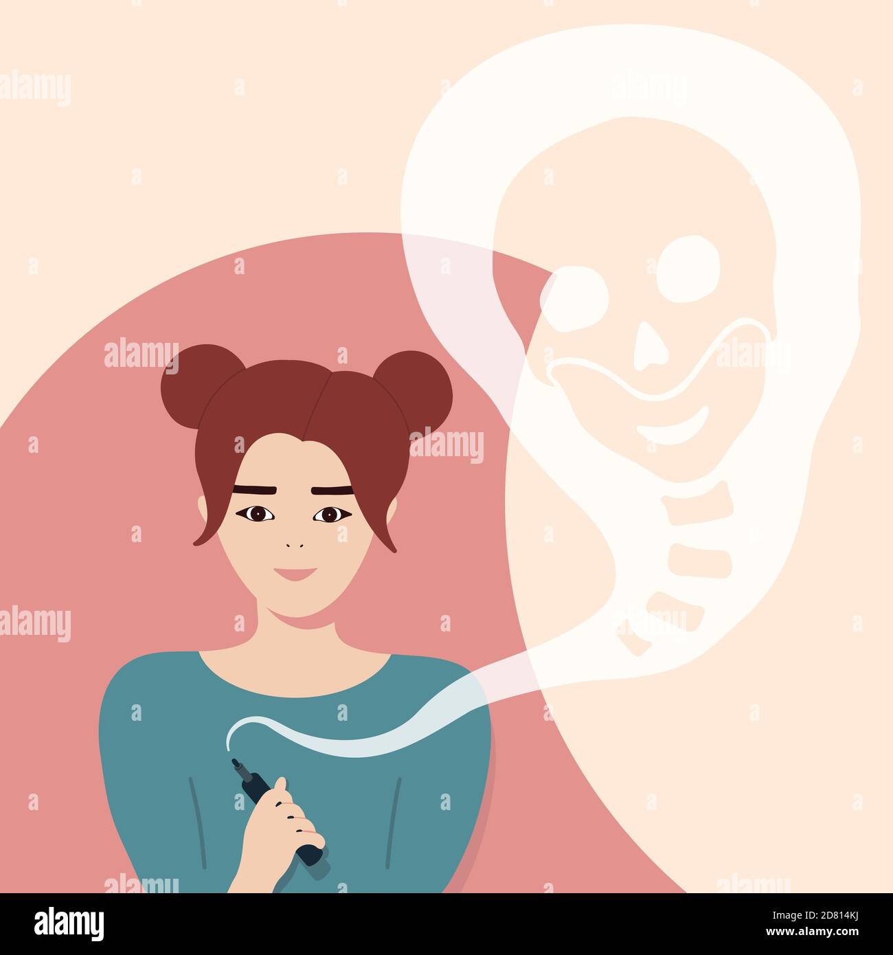 Vector illustration with A Korean girl vaping or smokes an e-cigarette, smoke from which in the shape of a skull symbolizes harm to health. Stock Vector
