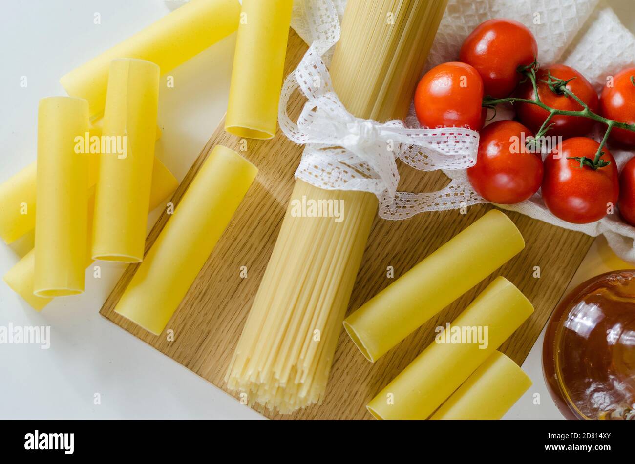 pasta, raw cannellones and spaghetti for cooking Italian dishes Stock Photo